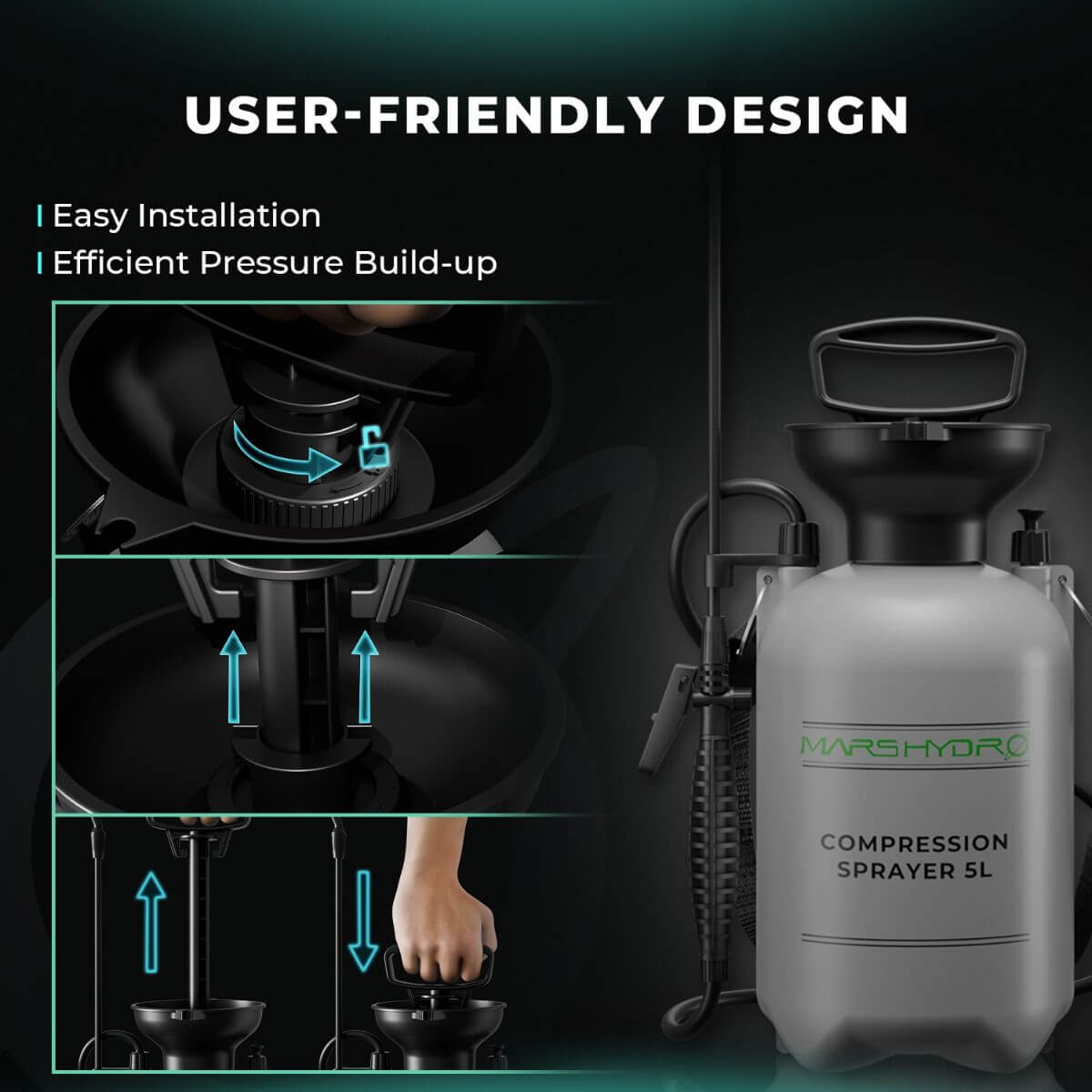 User-friendly design of Mars Hydro 1.35 Gallon Pump Sprayer featuring easy installation and efficient pressure build-up.