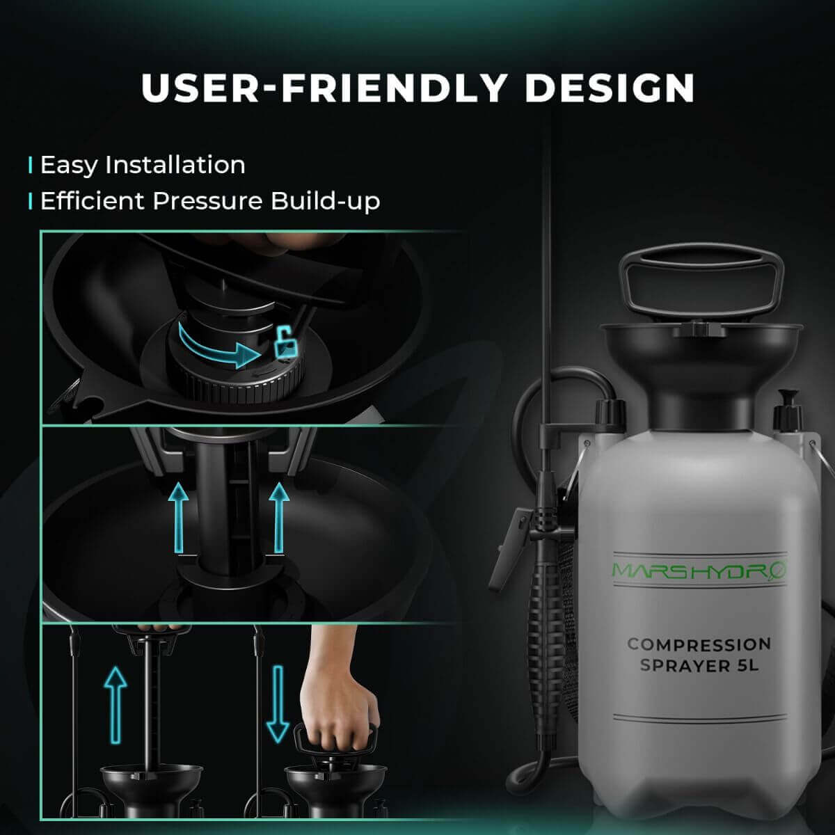 User-friendly design of Mars Hydro 1.35 Gallon Pump Sprayer featuring easy installation and efficient pressure build-up.