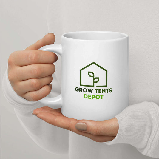 White Grow Tents Depot 20 oz mug held, featuring green logo design, perfect for coffee or tea, microwave and dishwasher safe.