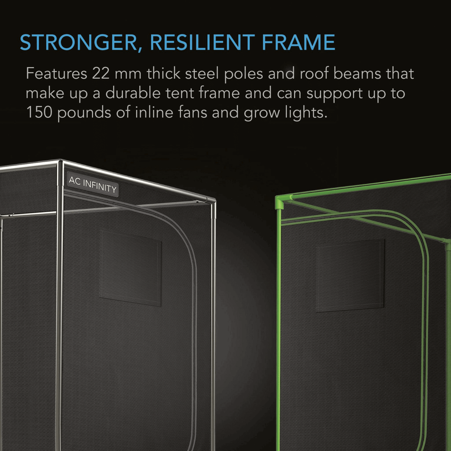 AC Infinity CLOUDLAB 733 grow tent with strong steel frame supporting up to 150 pounds for stable indoor plant cultivation.