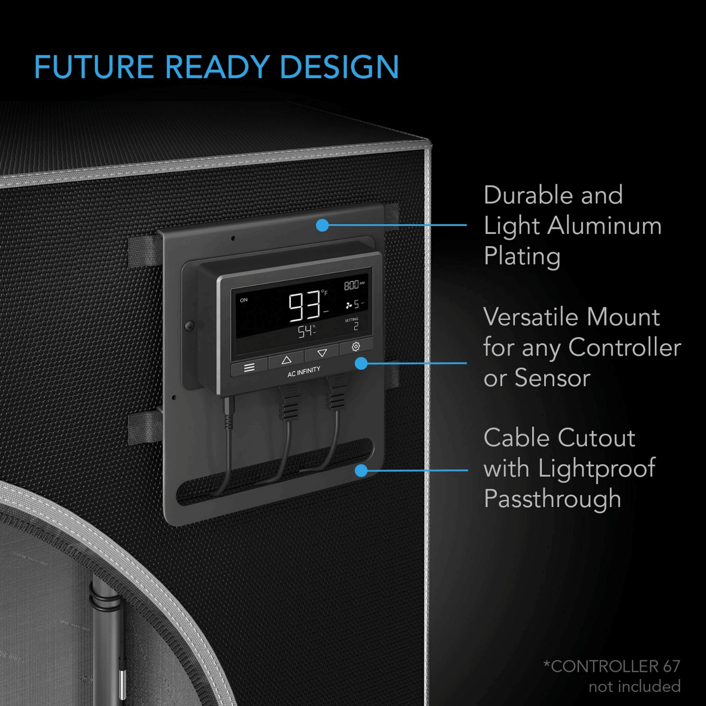 Advanced grow tent with durable aluminum plating, versatile controller mount, and lightproof cable passthrough.