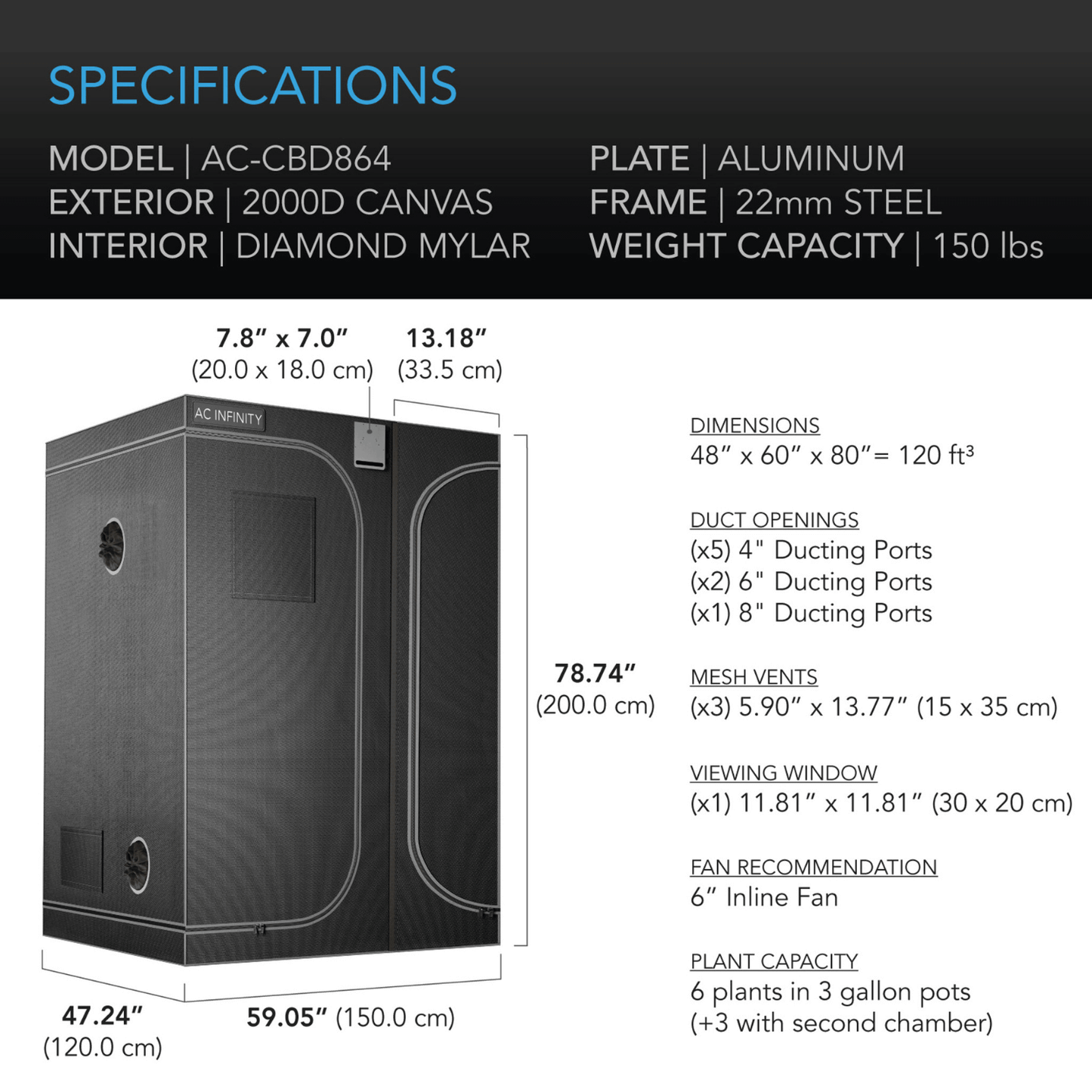 "AC Infinity CLOUDLAB 864D grow tent specifications, including 2000D canvas, steel frame, and internal dimensions for optimal plant growth."