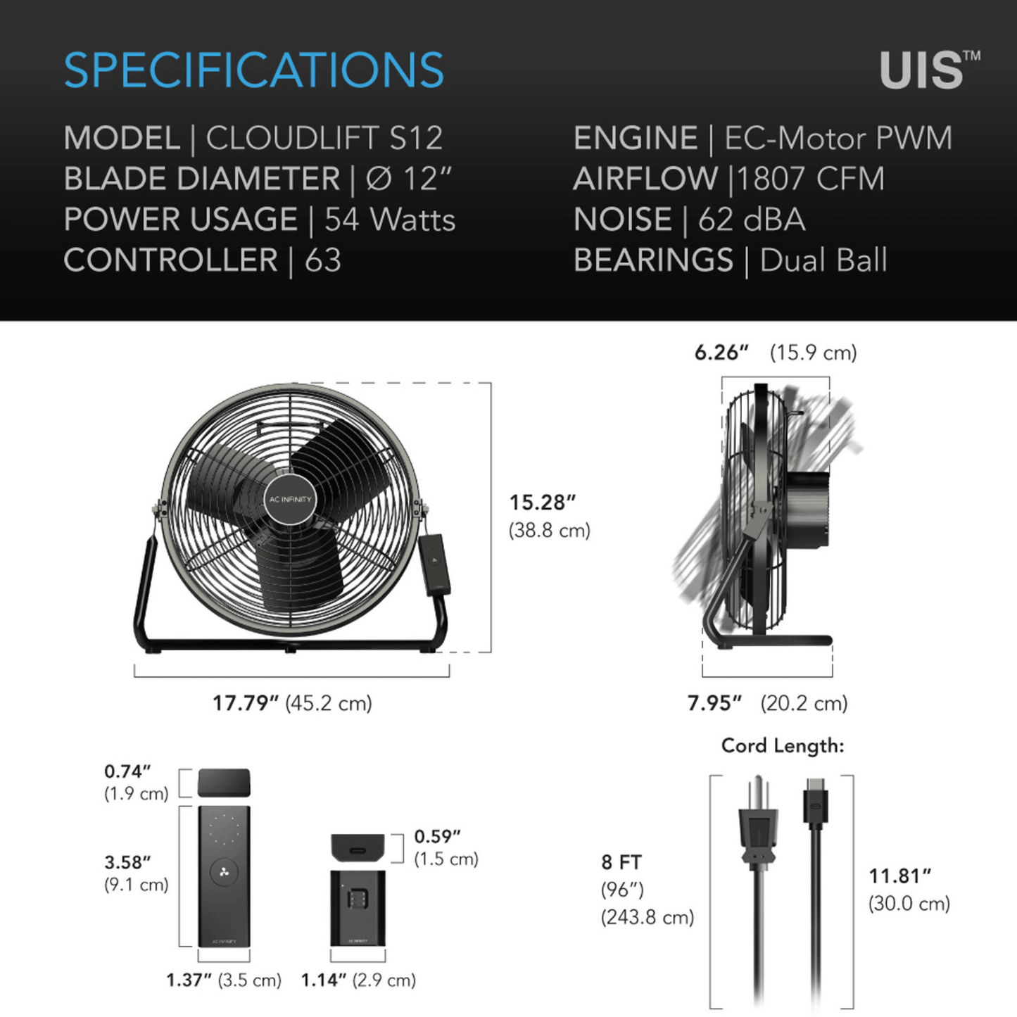 "AC Infinity CLOUDLIFT S12 floor wall fan specs with 12-inch blade, digital controller, and wireless remote control features."