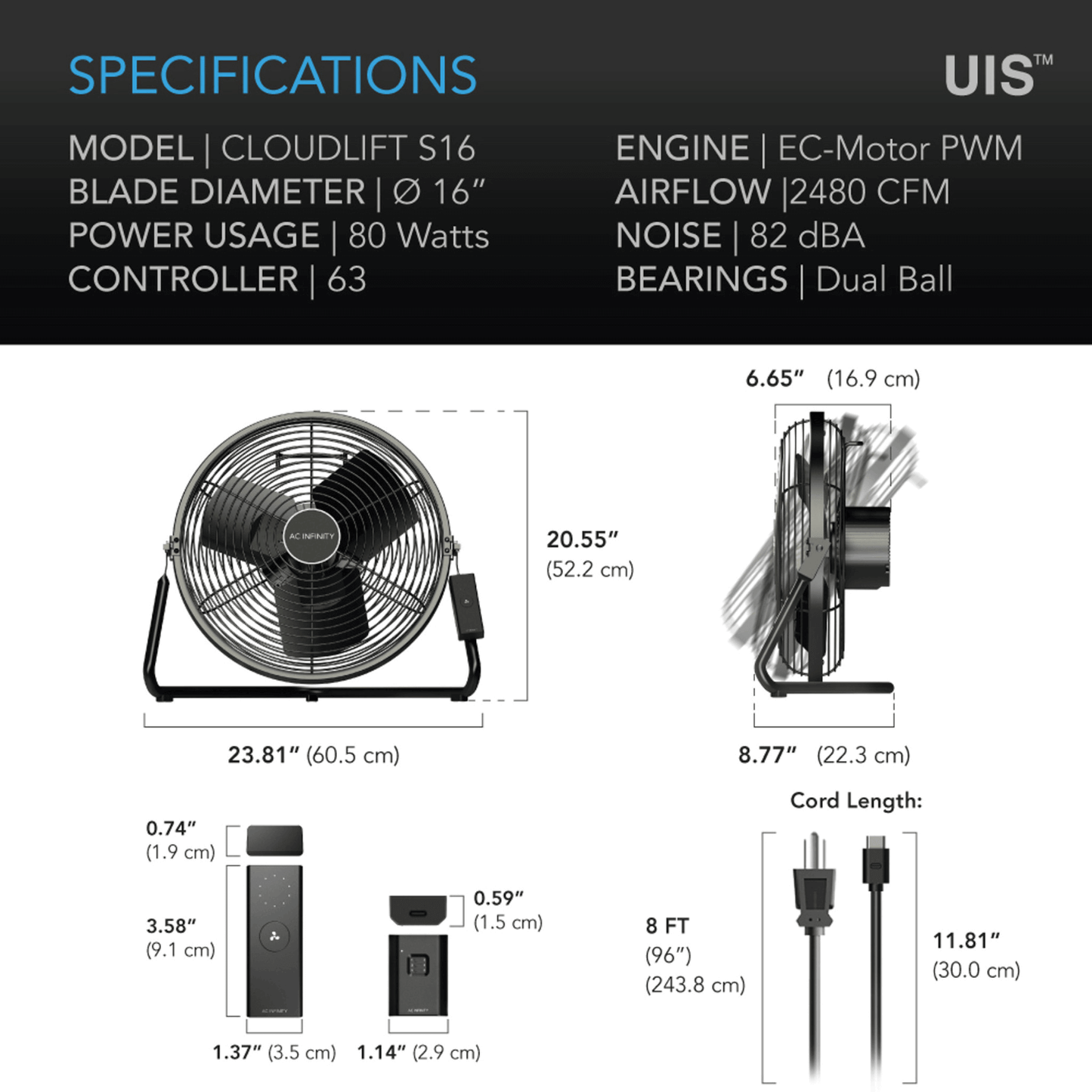 AC Infinity CLOUDLIFT S16 Fan specifications and dimensions detailed, featuring 16-inch blade, EC motor, and wireless remote controller.