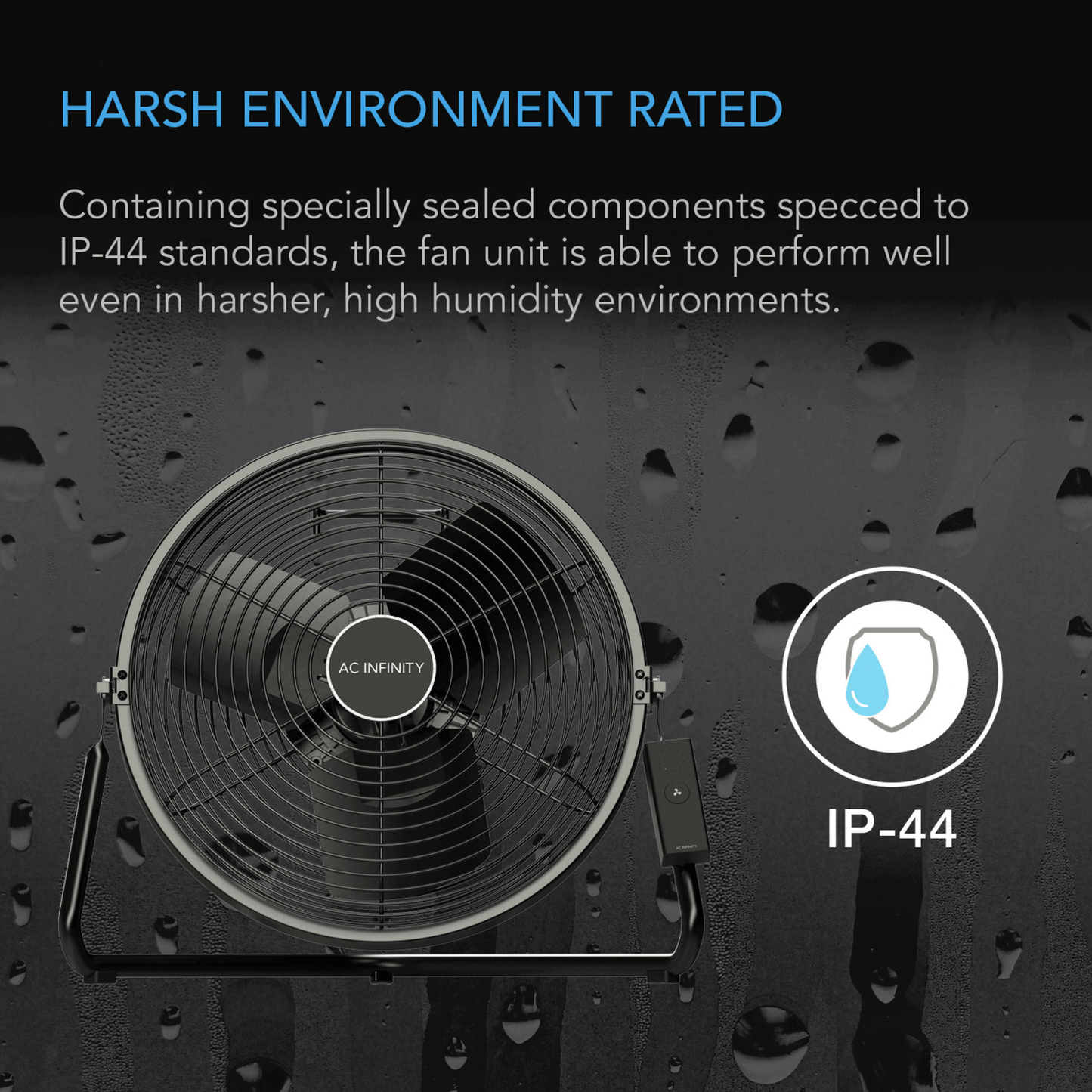 AC Infinity CLOUDLIFT S16 fan with IP-44 rating for harsh environments, featuring durable design and wireless control.