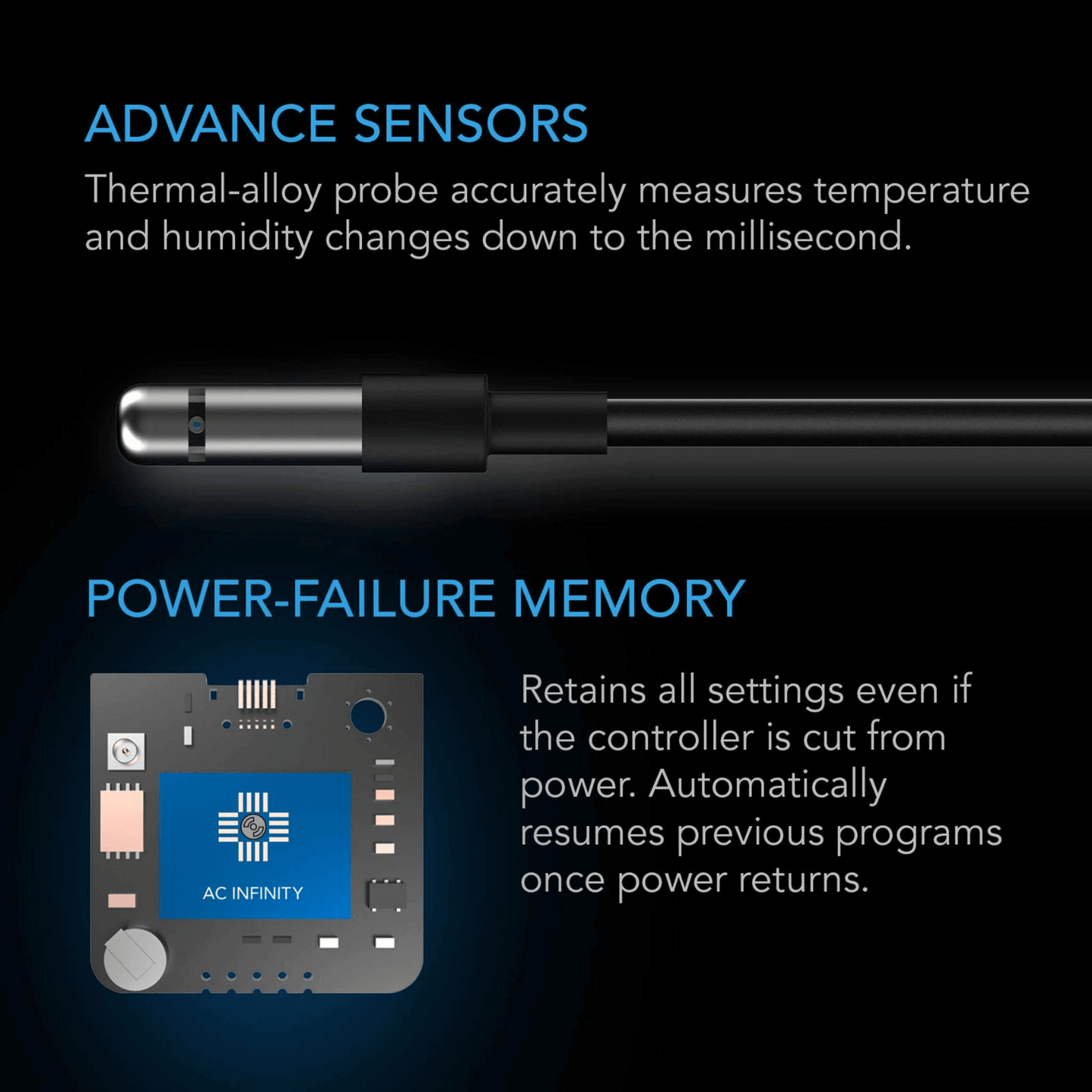 "AC Infinity Controller 69 sensors with thermal-alloy probe and power-failure memory for precise temp and humidity control"