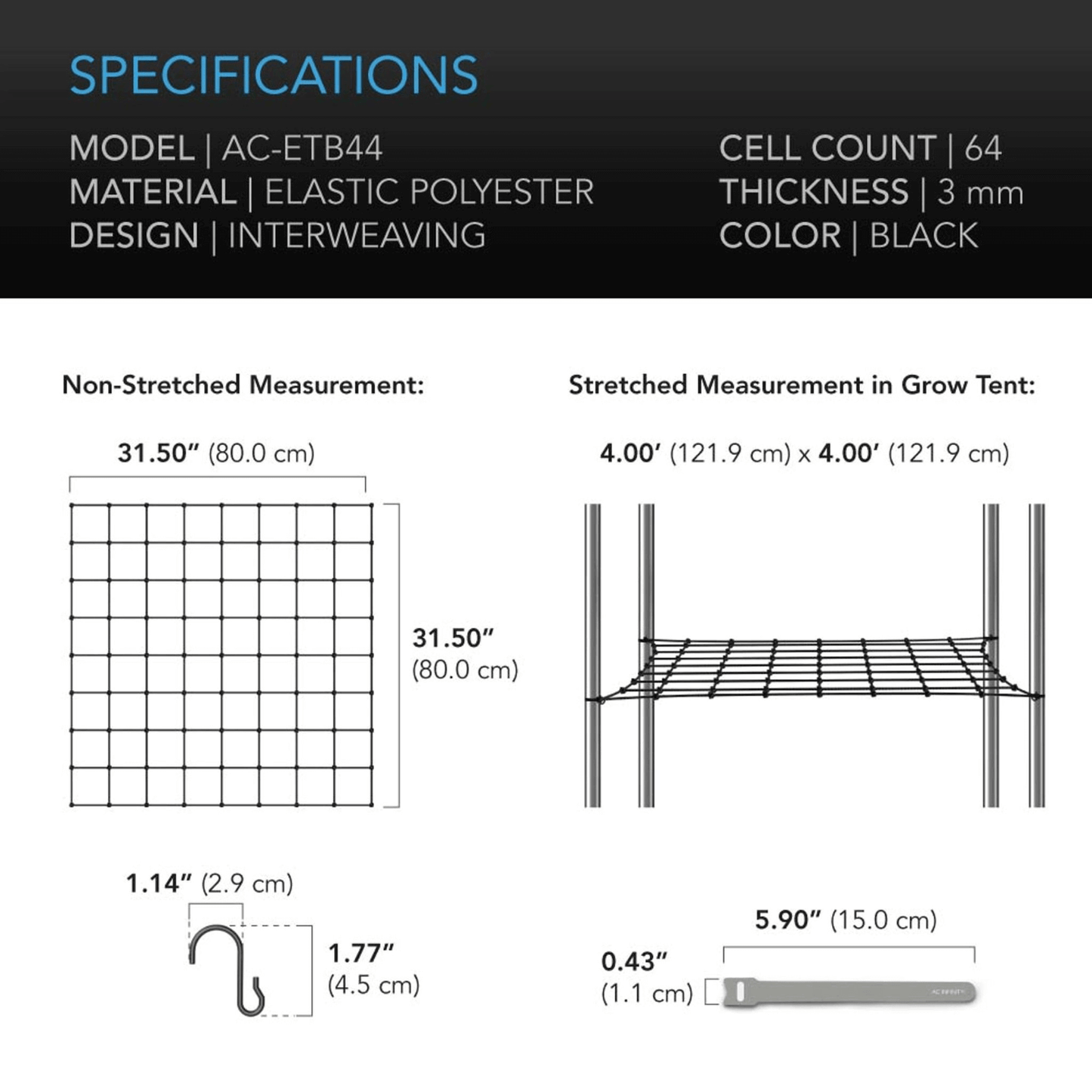 AC Infinity Grow Tent Trellis Netting, Flexible Elastic Cords, 4x4' AC-ETB44 Grow Tents 819137022799