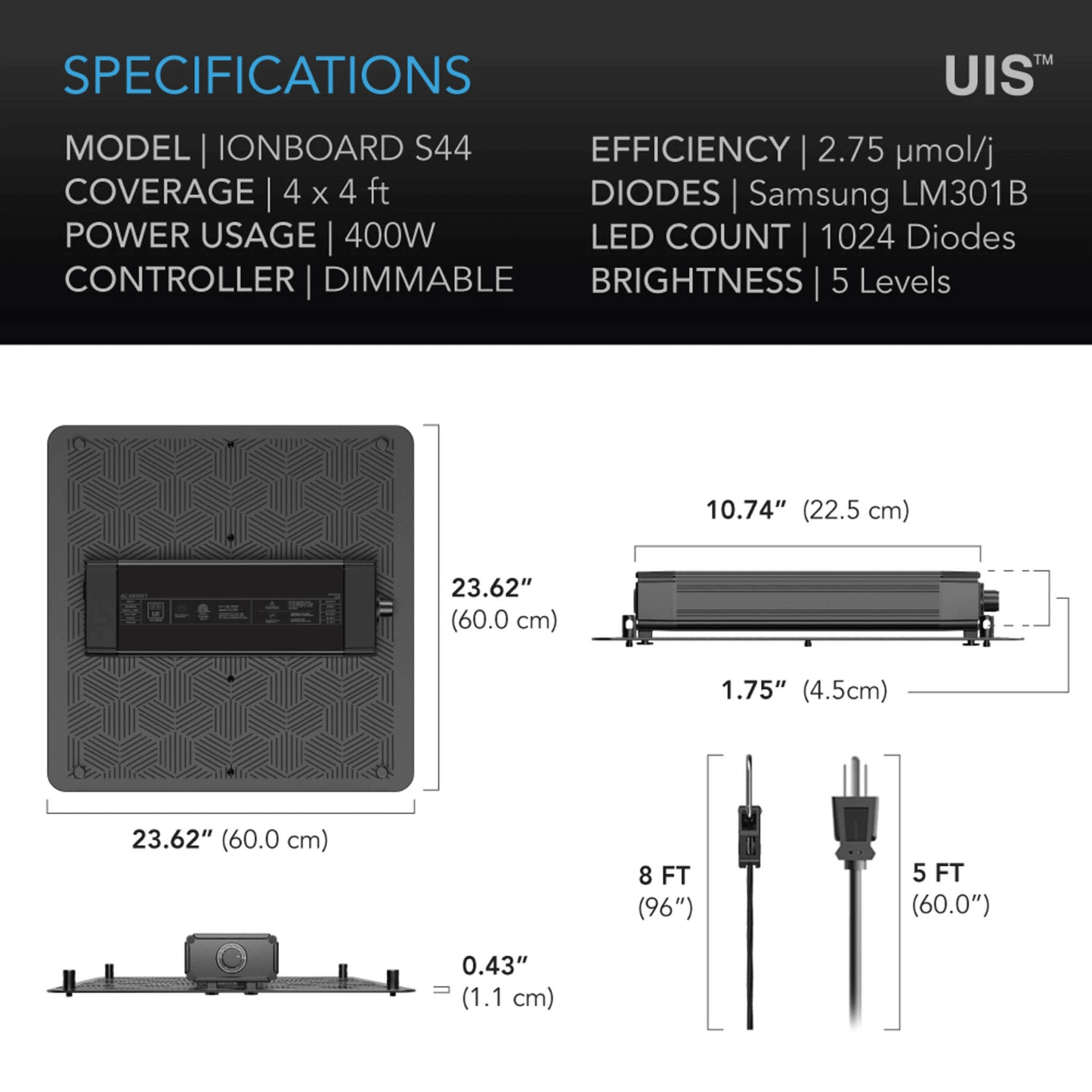 Specifications of ONBOARD S44 grow light including dimensions, efficiency, diode count, power usage, and controller information.