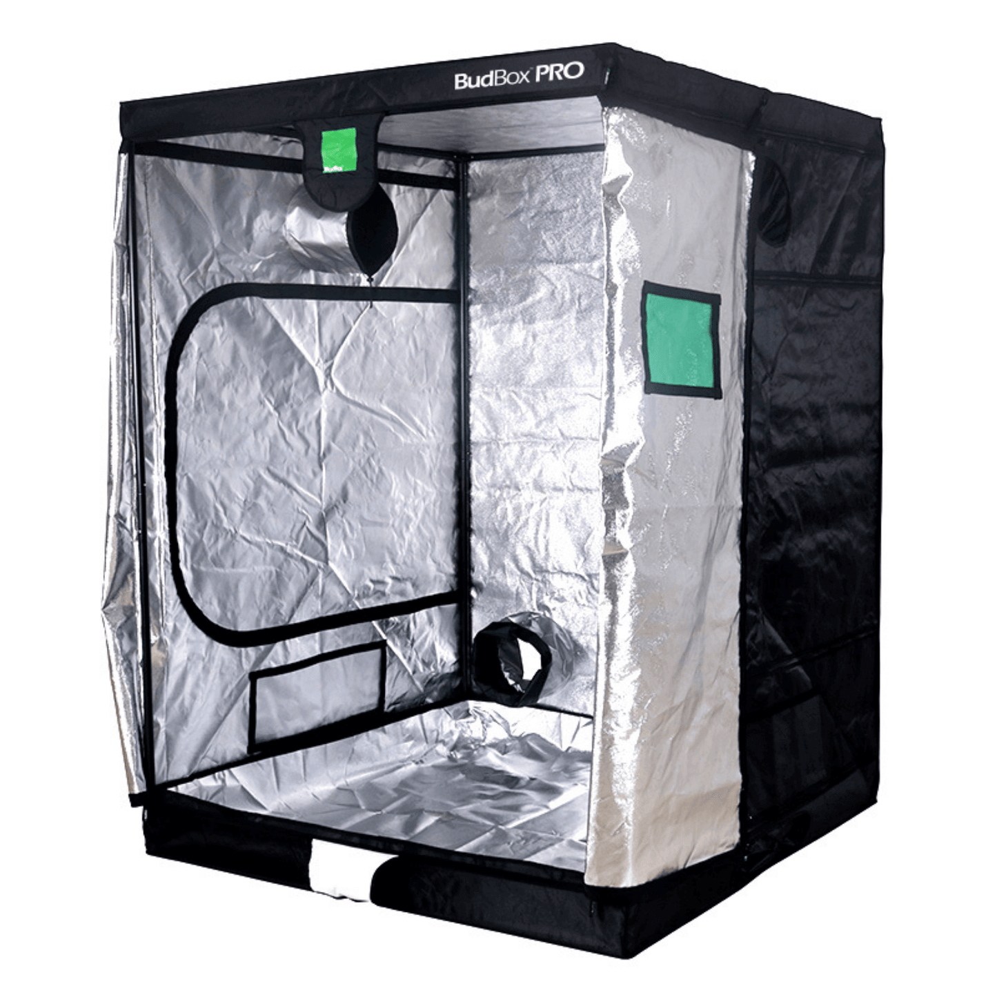 BudBox Pro XL Plus Silver grow tent, 150x150x200cm, featuring Mylar interior, strong frame, access doors, and metal corners.