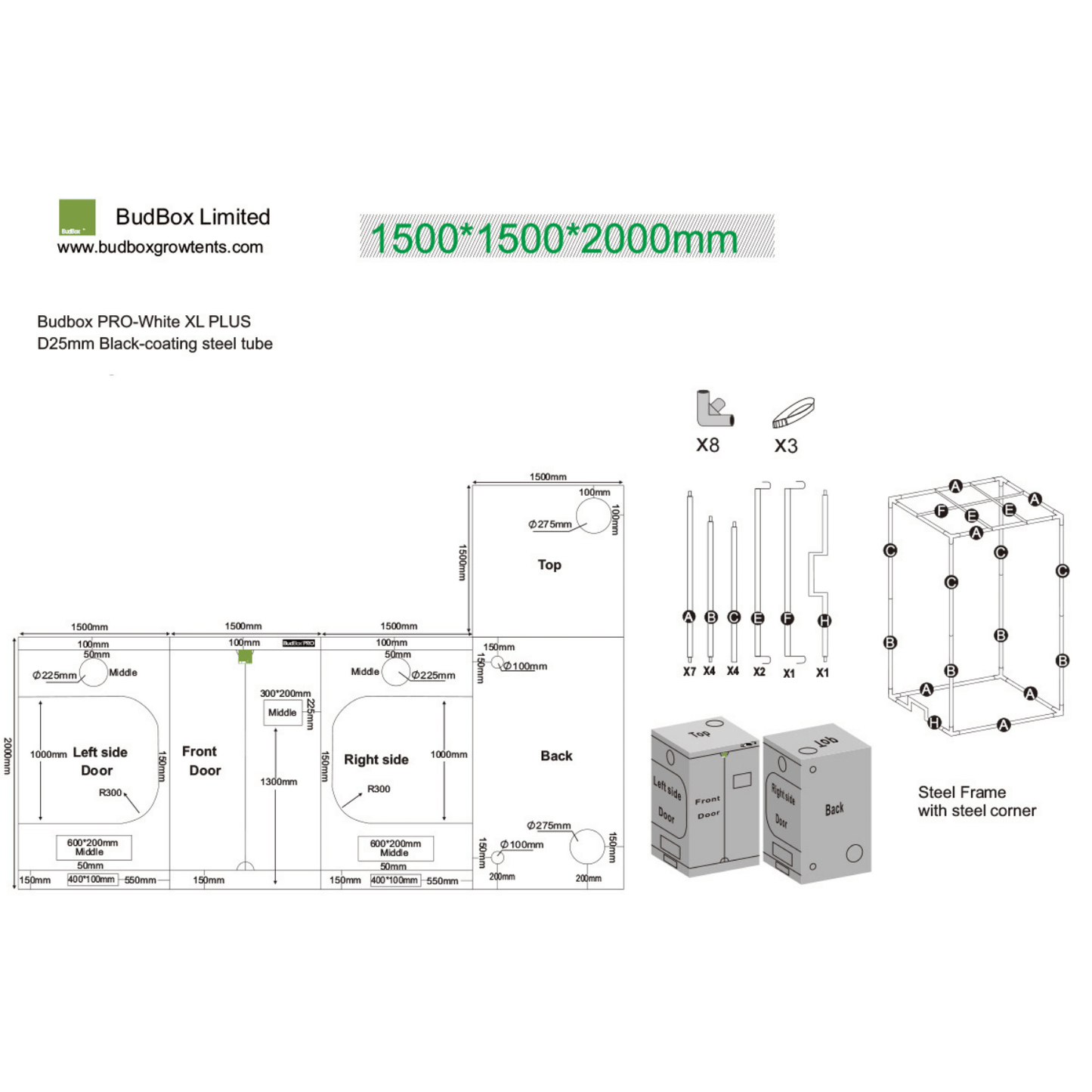 Diagram of BudBox Pro XL Plus Silver grow tent, showcasing dimensions, metal frame, components, and assembly instructions.