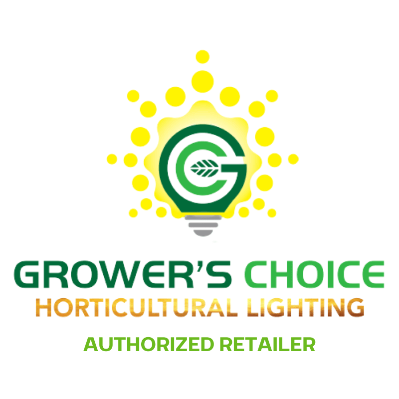 Grower's Choice Horticultural Lighting Authorized Retailer Logo with Leaf Design and Yellow Lightbulb.