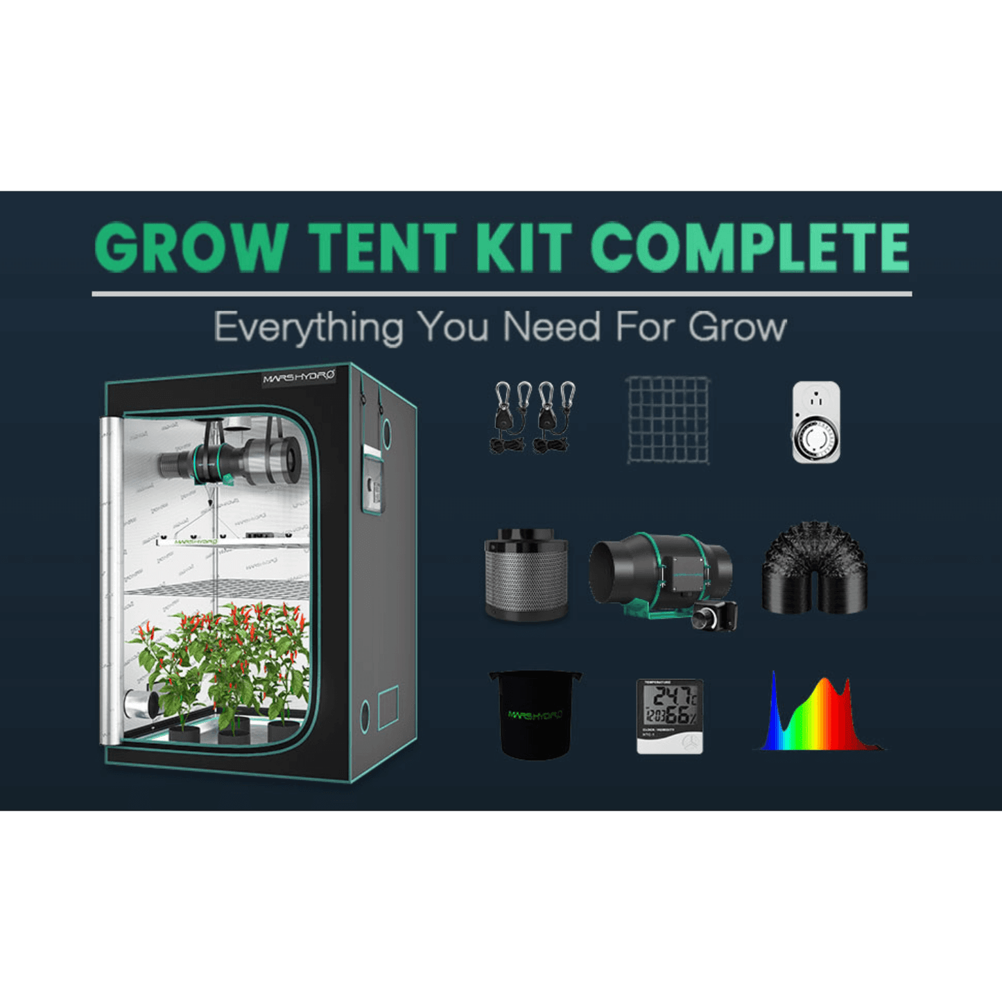 Mars Hydro FC-E4800 LED Grow Light + 4' x 4' Grow Tent + Inline Fan Combo with Speed Controller MH-FC-E4800-SET Kits