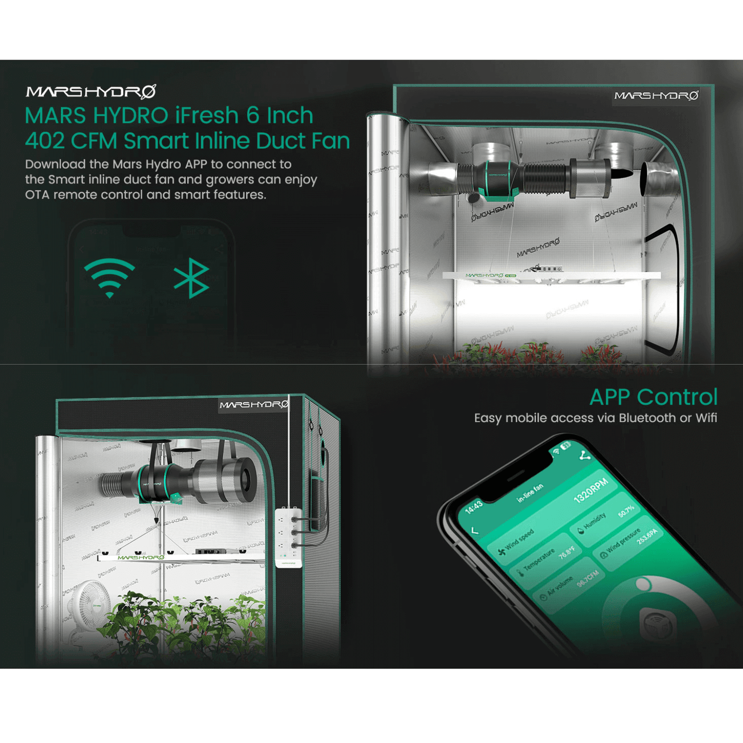 Mars Hydro iFresh 6" Smart Inline Duct Fan with App Control for Easy Ventilation Management