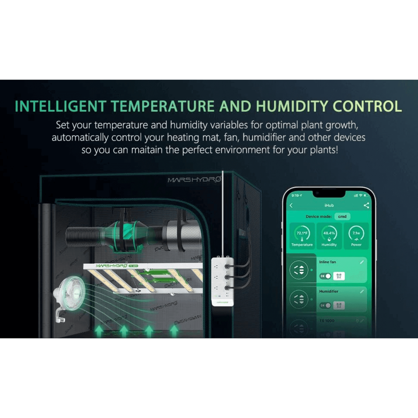 Mars Hydro iHub Smart Power Strip displaying intelligent temperature and humidity control with smartphone app interface.