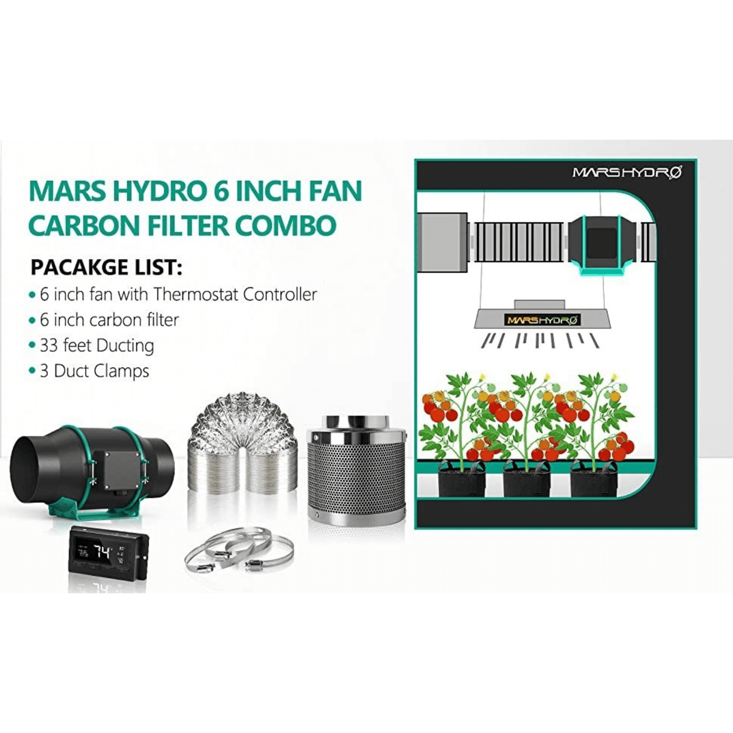 Mars Hydro Ventilation Kit 6" Inline Fan with Temperature Humidity Controller MH-6Filterkits-CP Ventilation 6973280375233