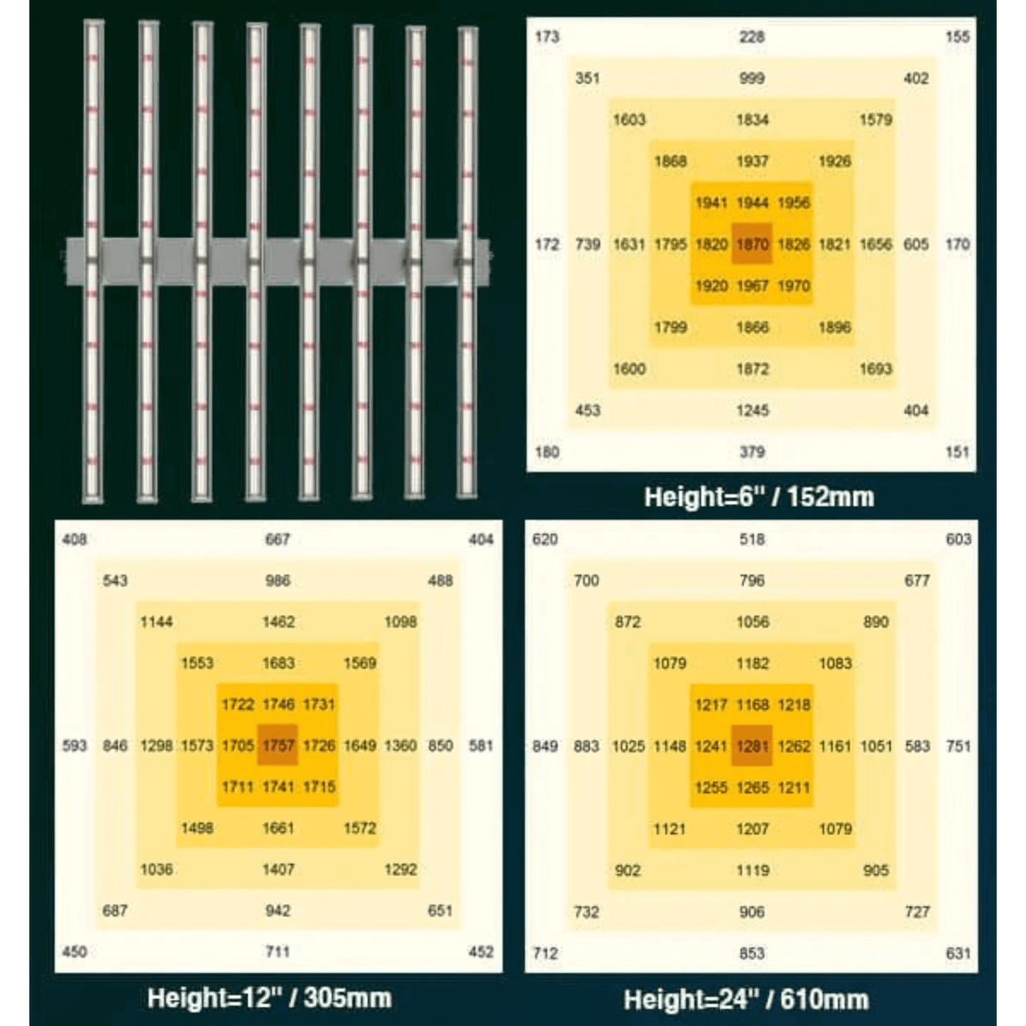 LED grow light intensity mapping at heights of 6, 12, and 24 inches, showing light distribution patterns for optimal plant growth.