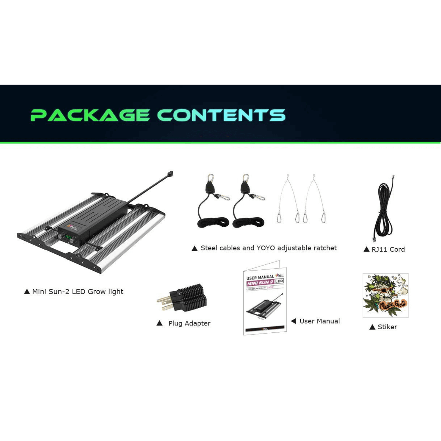 Medic Grow Mini Sun-2 LED Grow Light package contents, including cables, ratchet, RJ11 cord, plug adapter, user manual, and sticker.