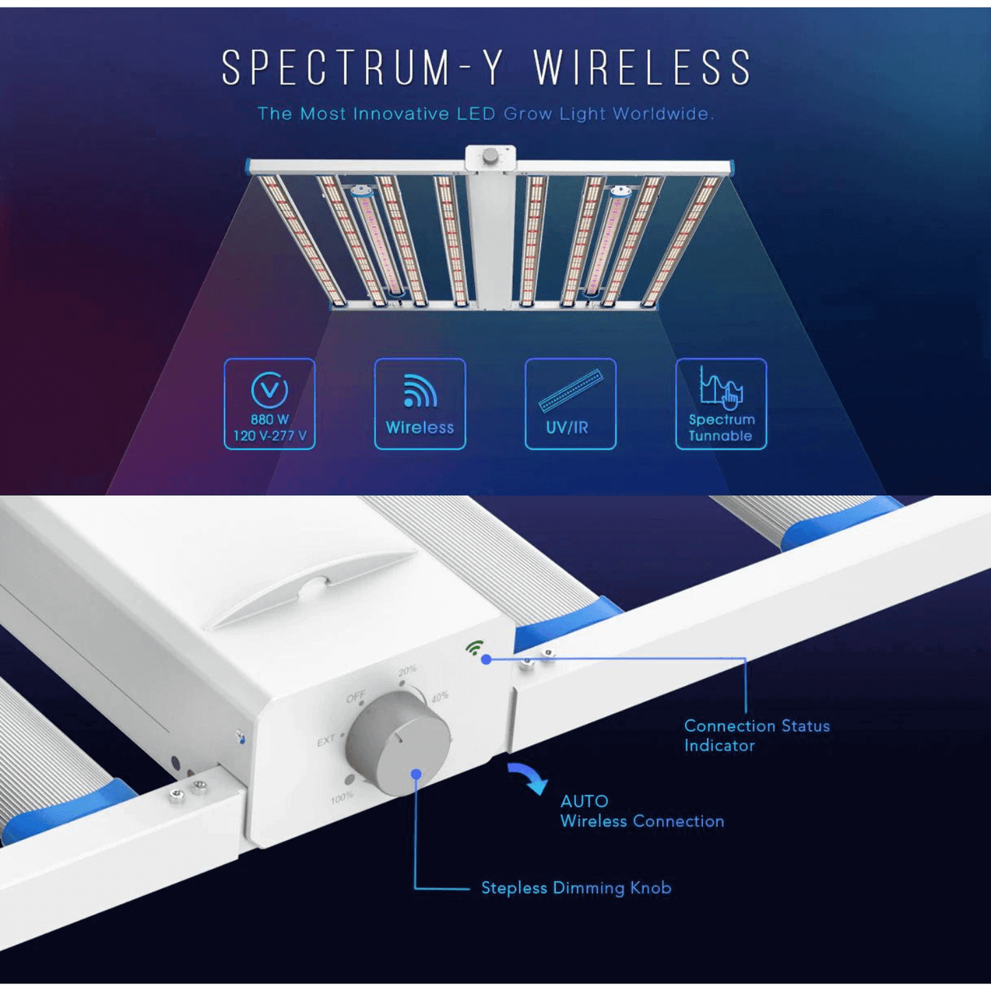 Medic Grow Spectrum Y 880W LED Grow Light with UV+IR Bars, featuring wireless control and stepless dimming knob for optimized growth.