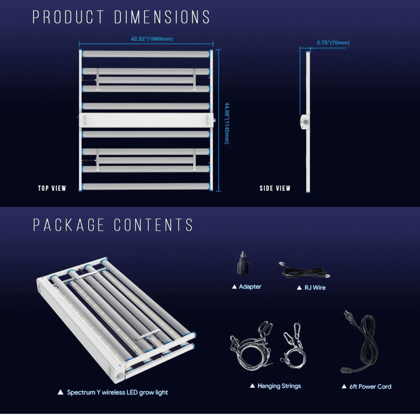 Medic Grow Spectrum Y 880W LED Grow Light package with dimensions and contents: adapter, RJ wire, hanging strings, power cord.