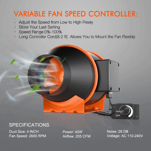 Spider Farmer 4" Inline Duct Fan with Speed Controller SF-4Inlinefan Ventilation 6973280378395