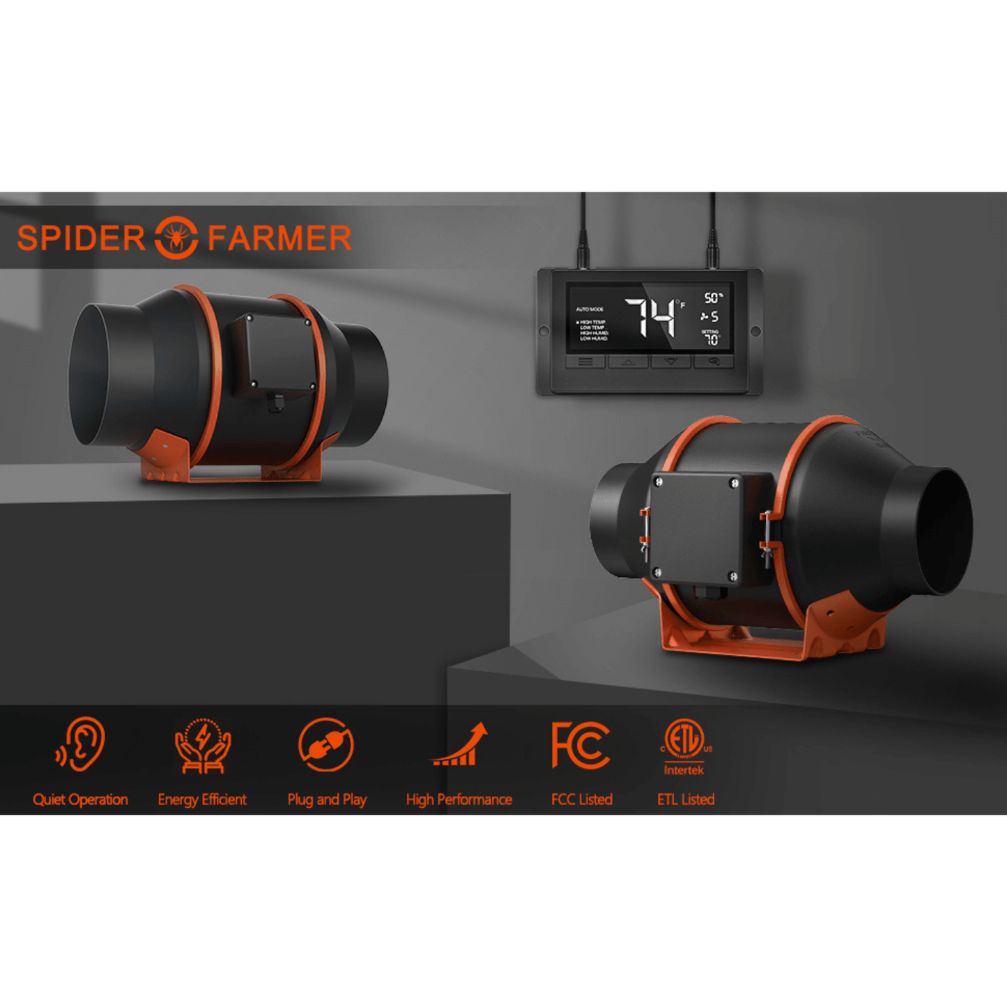 Spider Farmer 4" Inline Duct Fan with Temperature and Humidity Controller SF-4Inlinefan-CP Ventilation 6973280375493