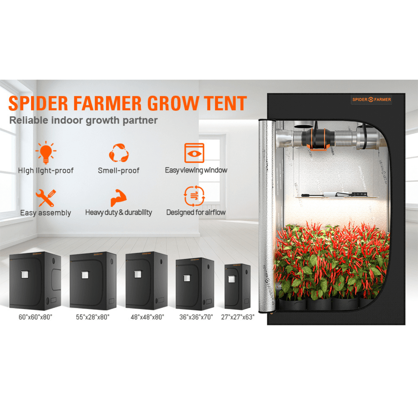 Spider Farmer 2' x 4' x 5' (60 x 120 x 150 cm) Indoor Grow Tent | SPIDER-120X60X150 | Grow Tents Depot | Grow Tents | 6973280370382