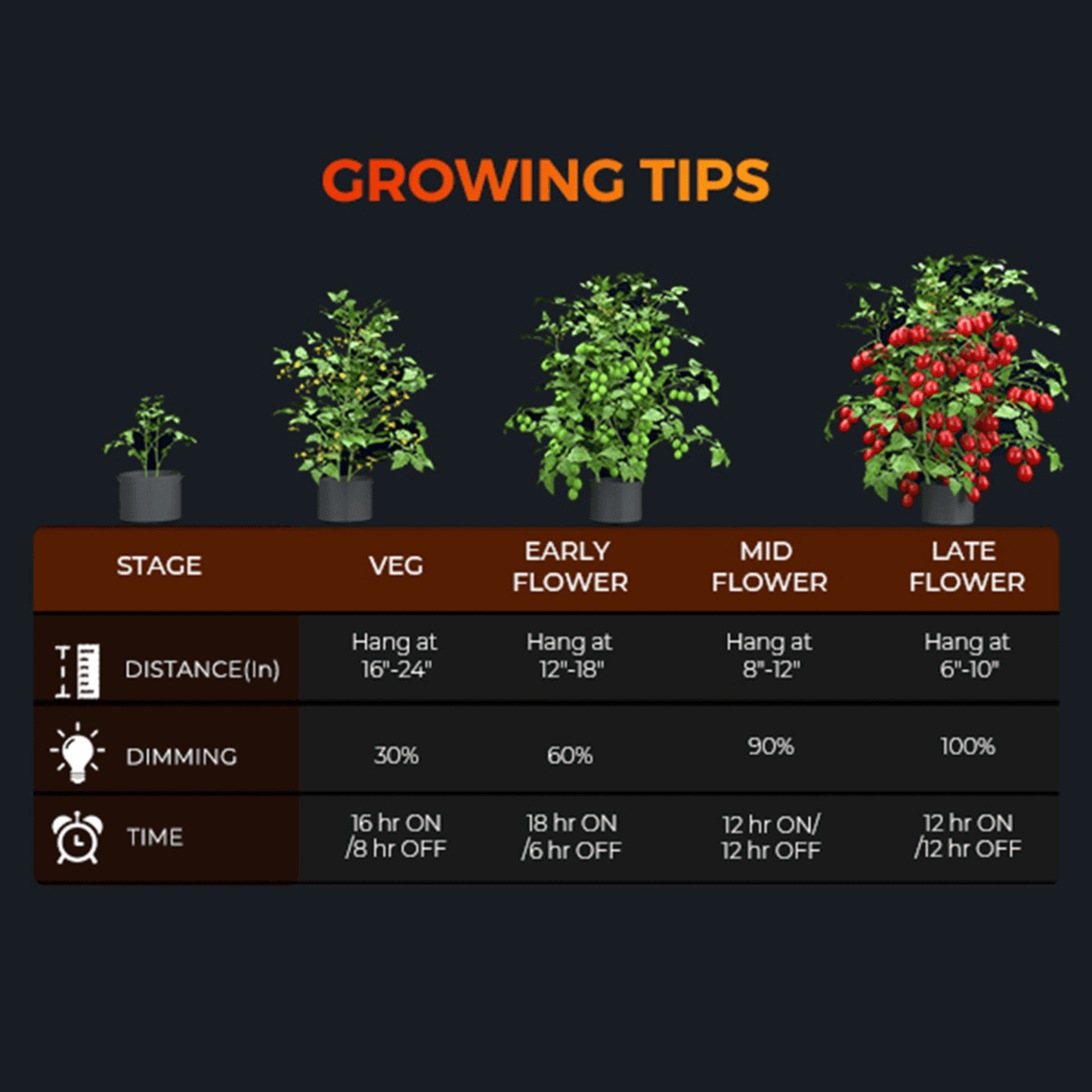 Growing tips for plant stages with LED grow light; veg, early flower, mid flower, and late flower stages with dimming and timing.